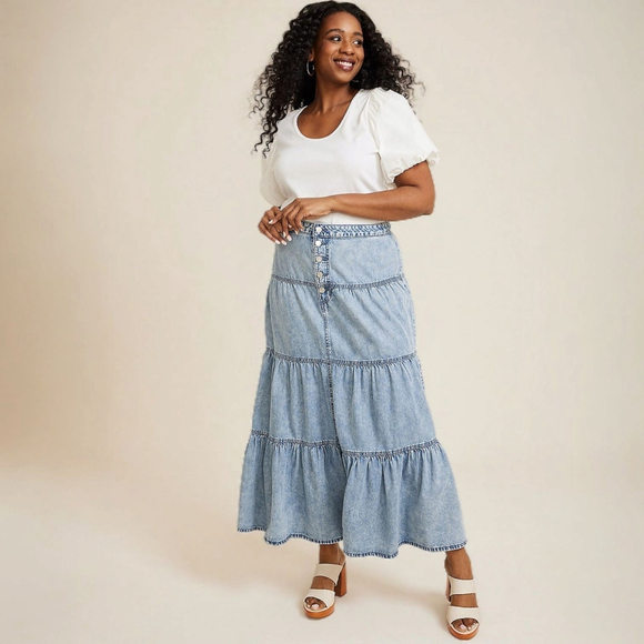 Maurices 12 Tiered Button Fly Blue Jean Maxi Skirt Bohemian Boho - Picture 1 of 9